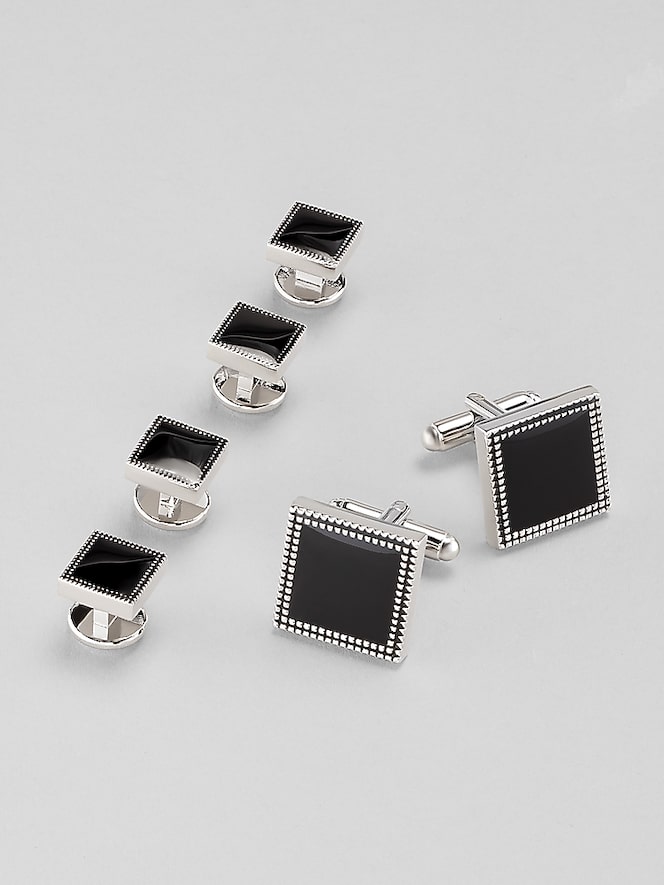 Pronto Uomo Etched Square Bead Cufflink and Stud Set