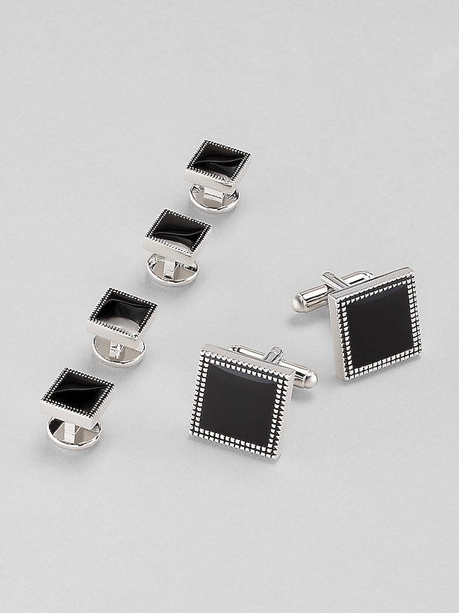 Pronto Uomo Men's Etched Square Bead Cufflink and Stud Set , Blk/Silver / Black