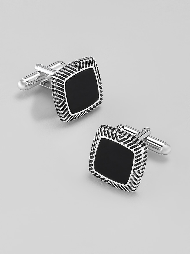 Pronto Uomo Men's Etched Square Frame Cufflink and Stud Set , Black Silver