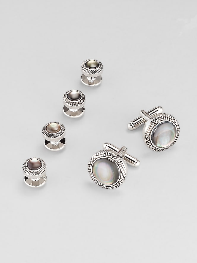 Pronto Uomo Round Etched Frame Clear Stone Cufflink and Stud Set