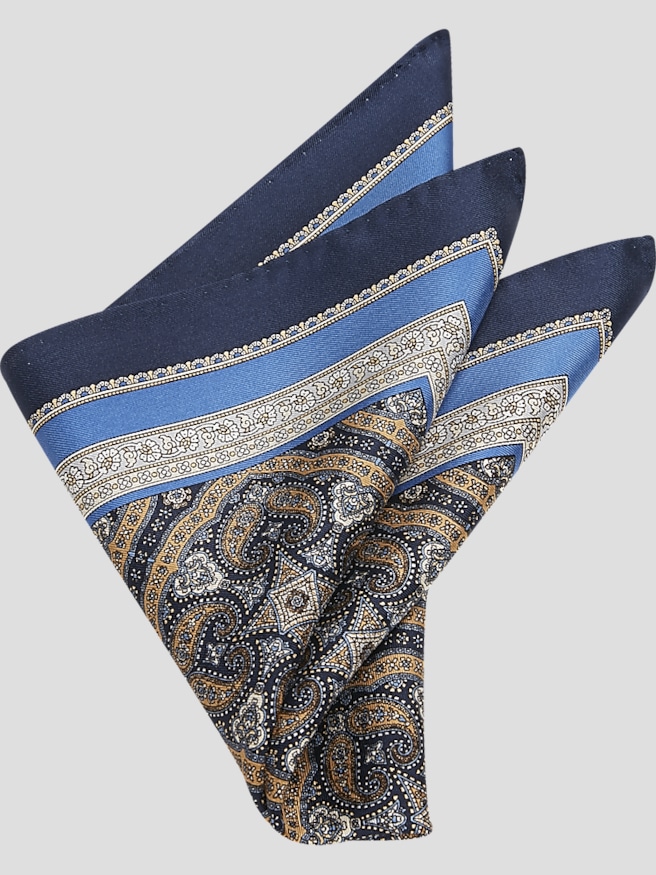 Joseph Abboud Men's Paisley Silk Pocket Square , Navy/Gold / Blue