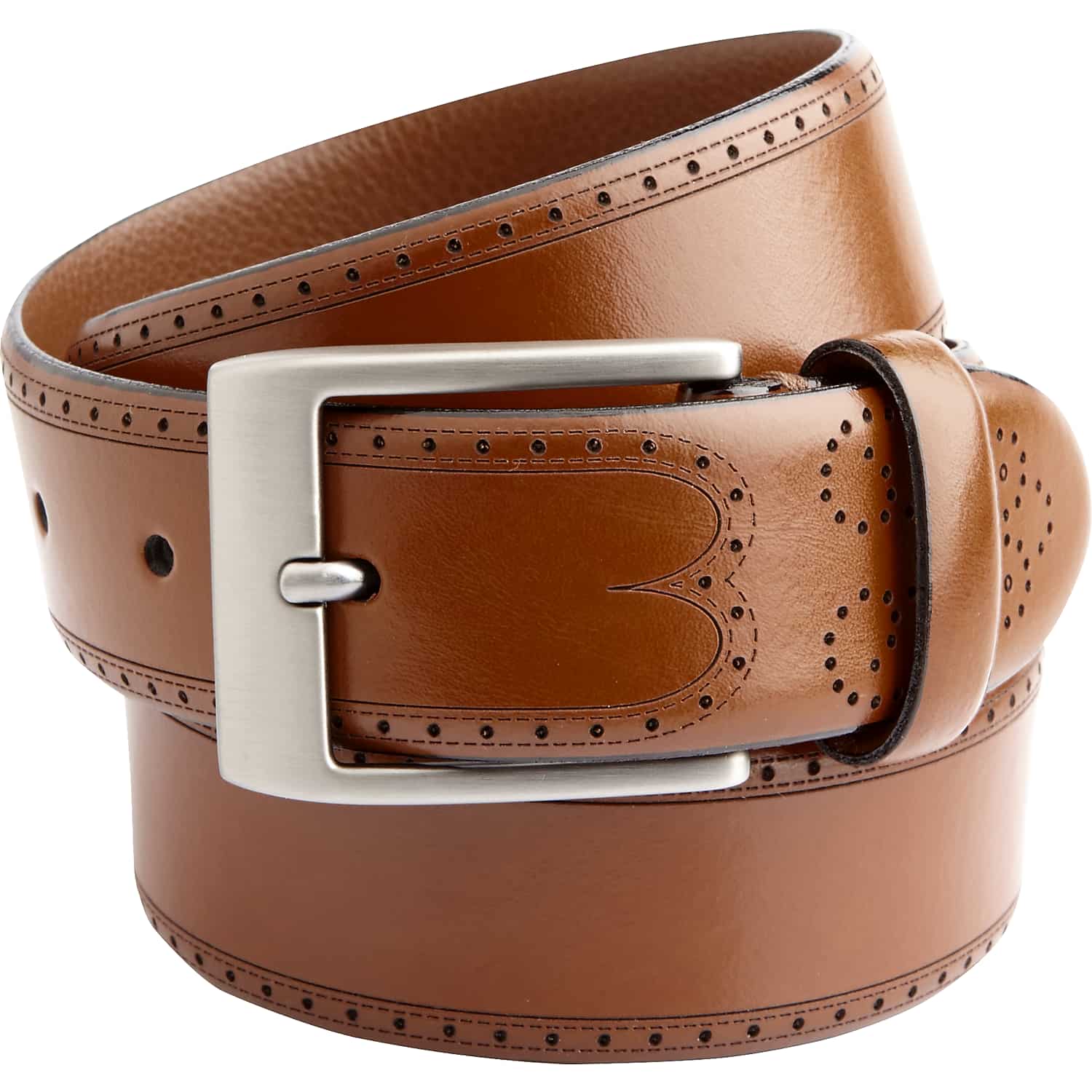 Joseph Abboud Feather Edged Leather Dress Belt in Cognac Brown – Laser Detail, Brushed Silver Buckle, 35mm, Size 40 Waist