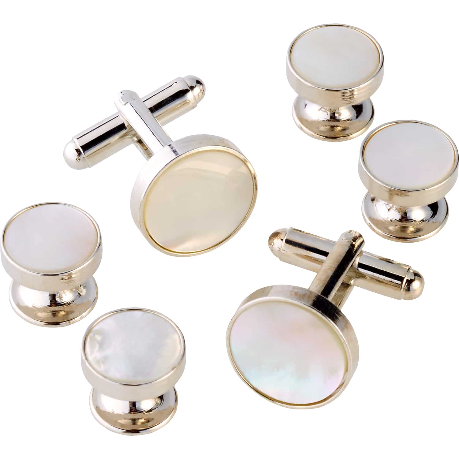 Pronto Uomo Round Pearl Sterling Silver Cufflinks and Studs Set in Silver/White – One Size Formal Tuxedo Shirt Accessories for Men