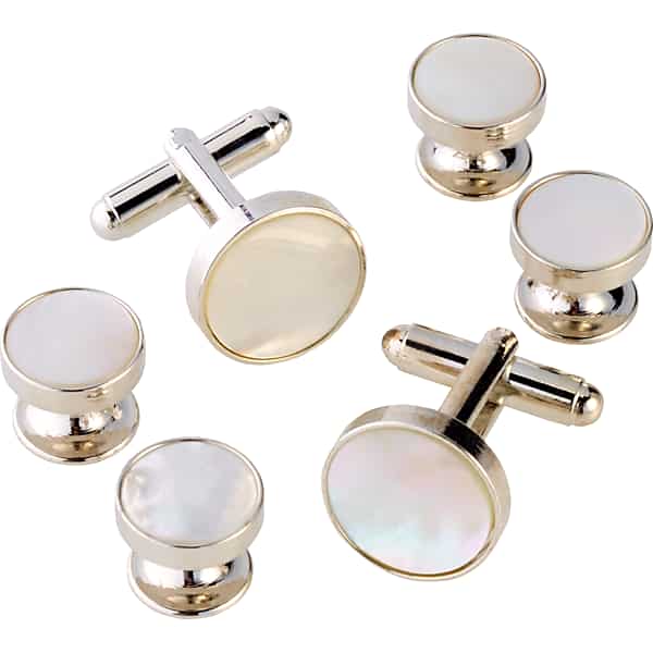 Pronto Uomo Men's Round Pearl Sterling Silver Cufflinks & Studs Set Silver/Pearl - Size: One Size - Only Available at Men's Wearhouse TMW828J80019