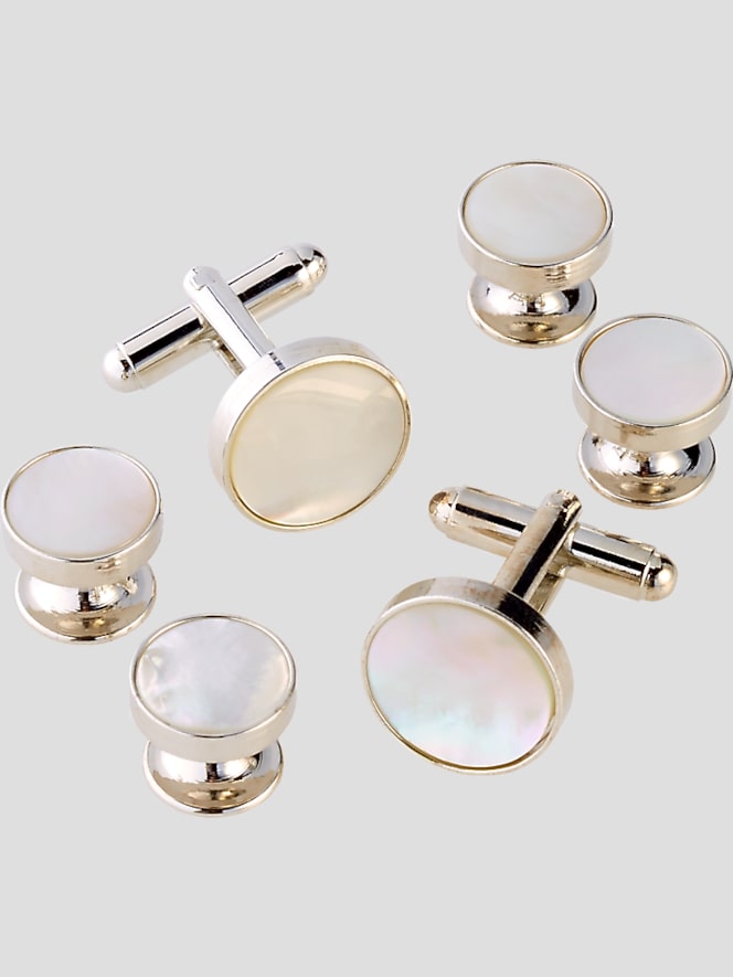 Pronto Uomo Round Pearl Sterling Silver Cufflinks & Studs Set