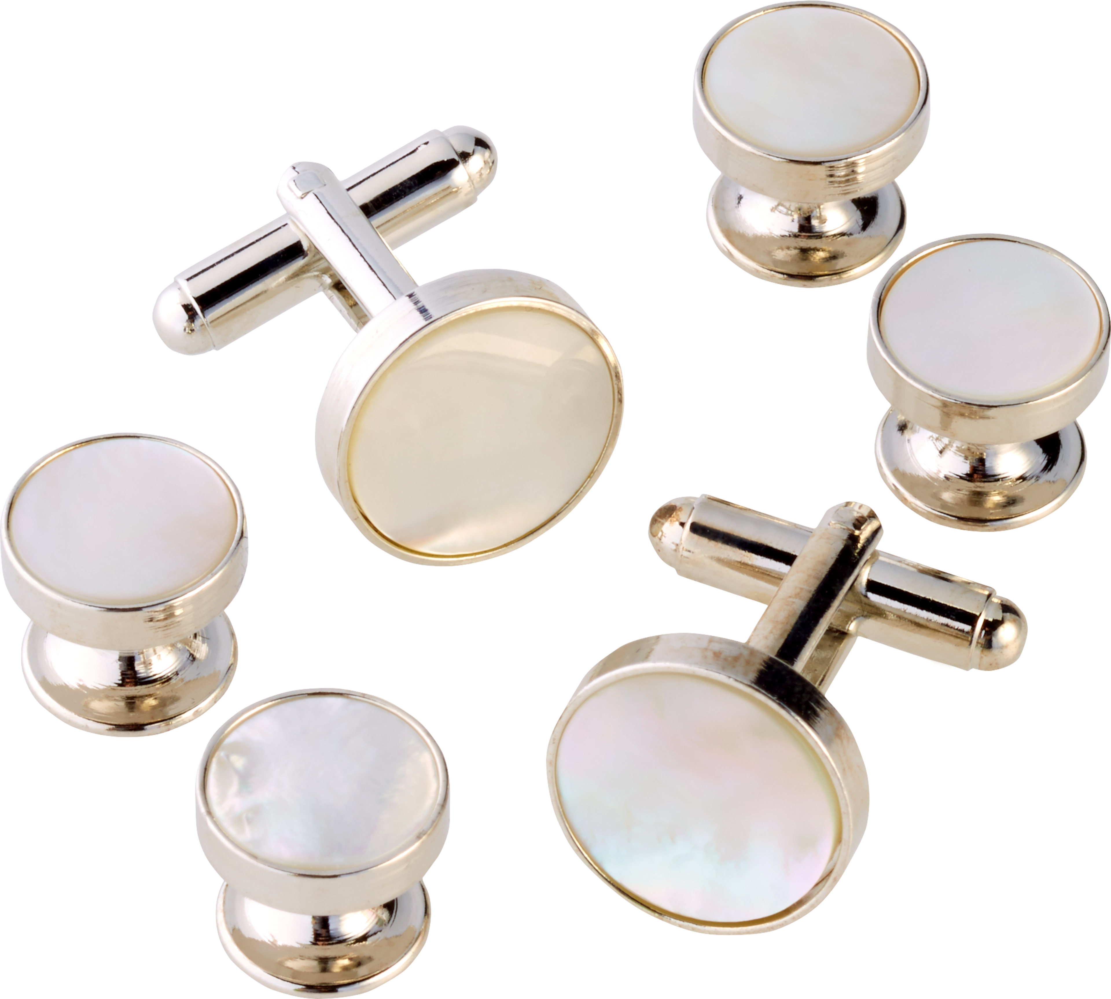 Round Pearl Sterling Silver Cufflinks & Studs Set