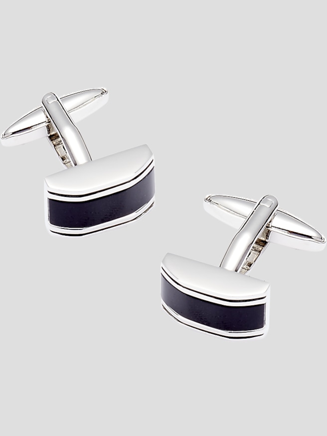 Pronto Uomo Men's Rectangle Black Enamel Cufflinks , Silver / Metallic