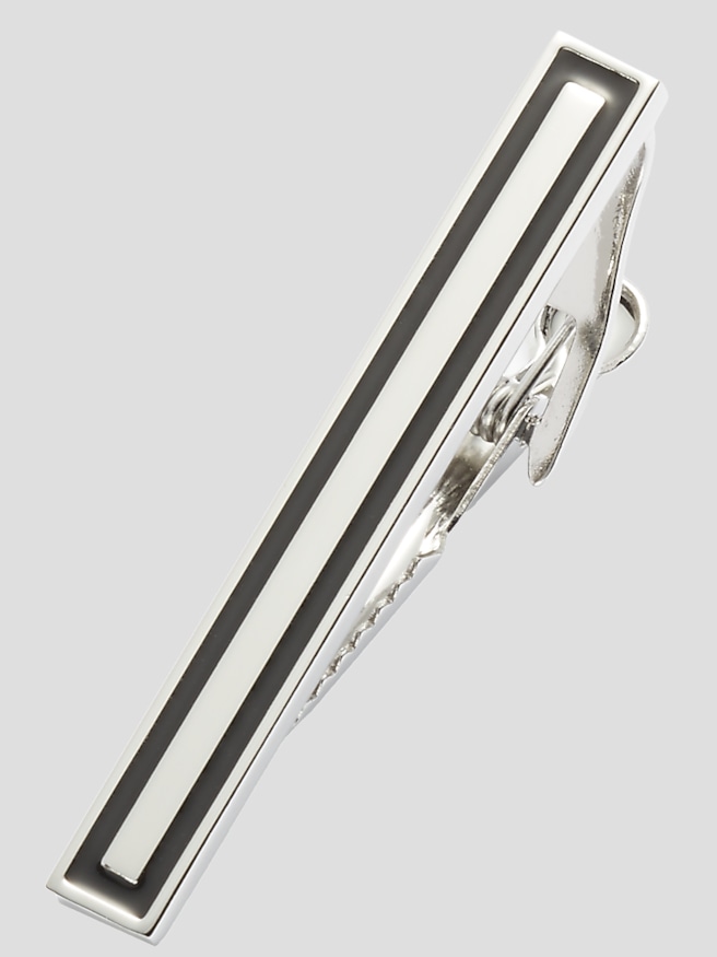 Pronto Uomo Men's Black Rectangular Tie Bar , Silver / Metallic