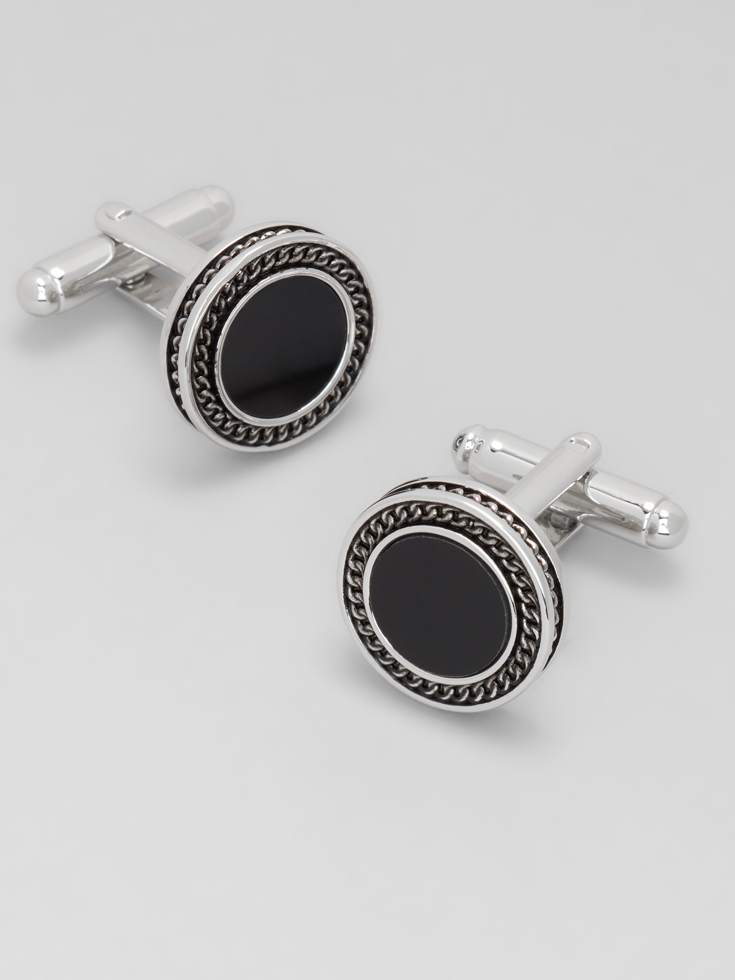 Round Black Obsidian Chain Border Cufflinks