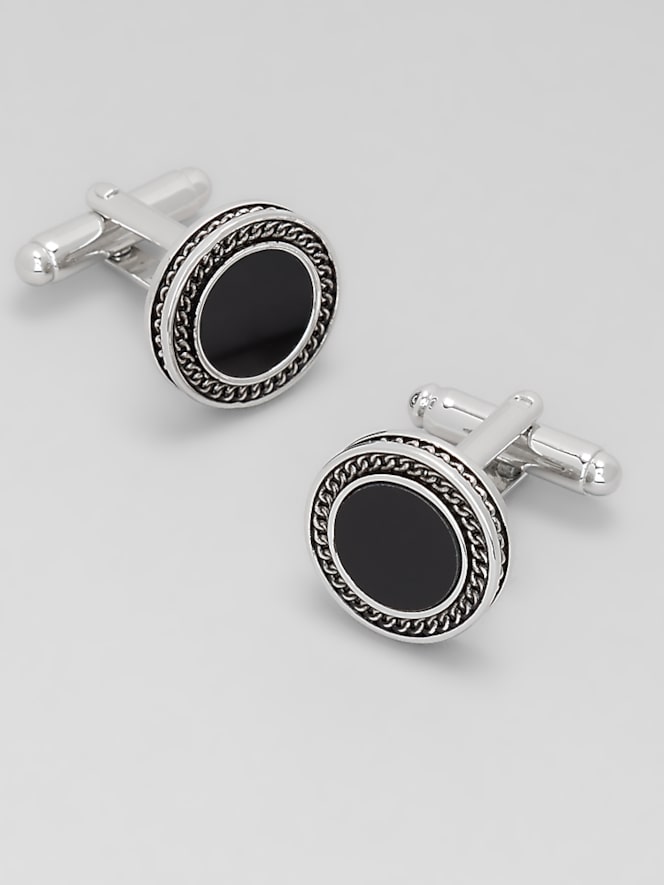Pronto Uomo Round Black Obsidian Chain Border Cufflinks