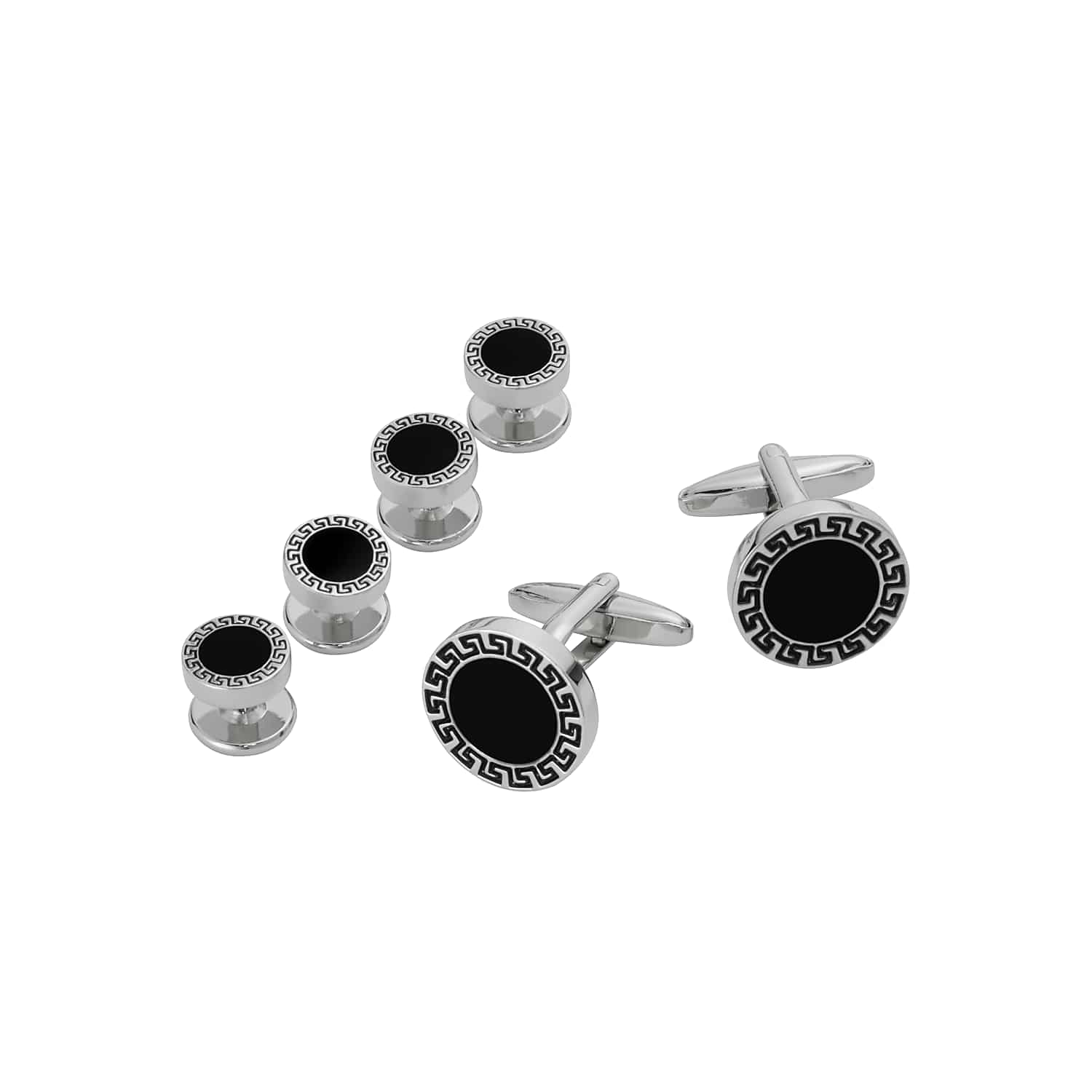Pronto Uomo Men’s Key Cufflinks and Studs Set in Silver and Black – Formal Tuxedo Shirt Accessories, One Size