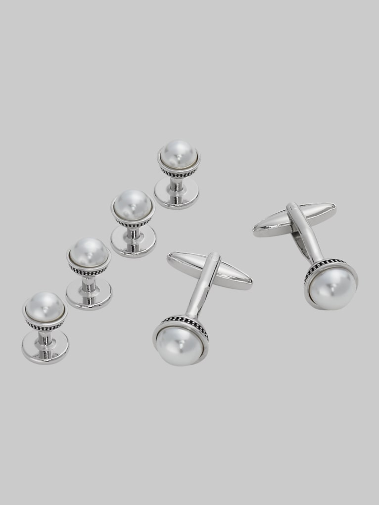 Pronto Uomo Round Pearl Cufflinks & Studs Set