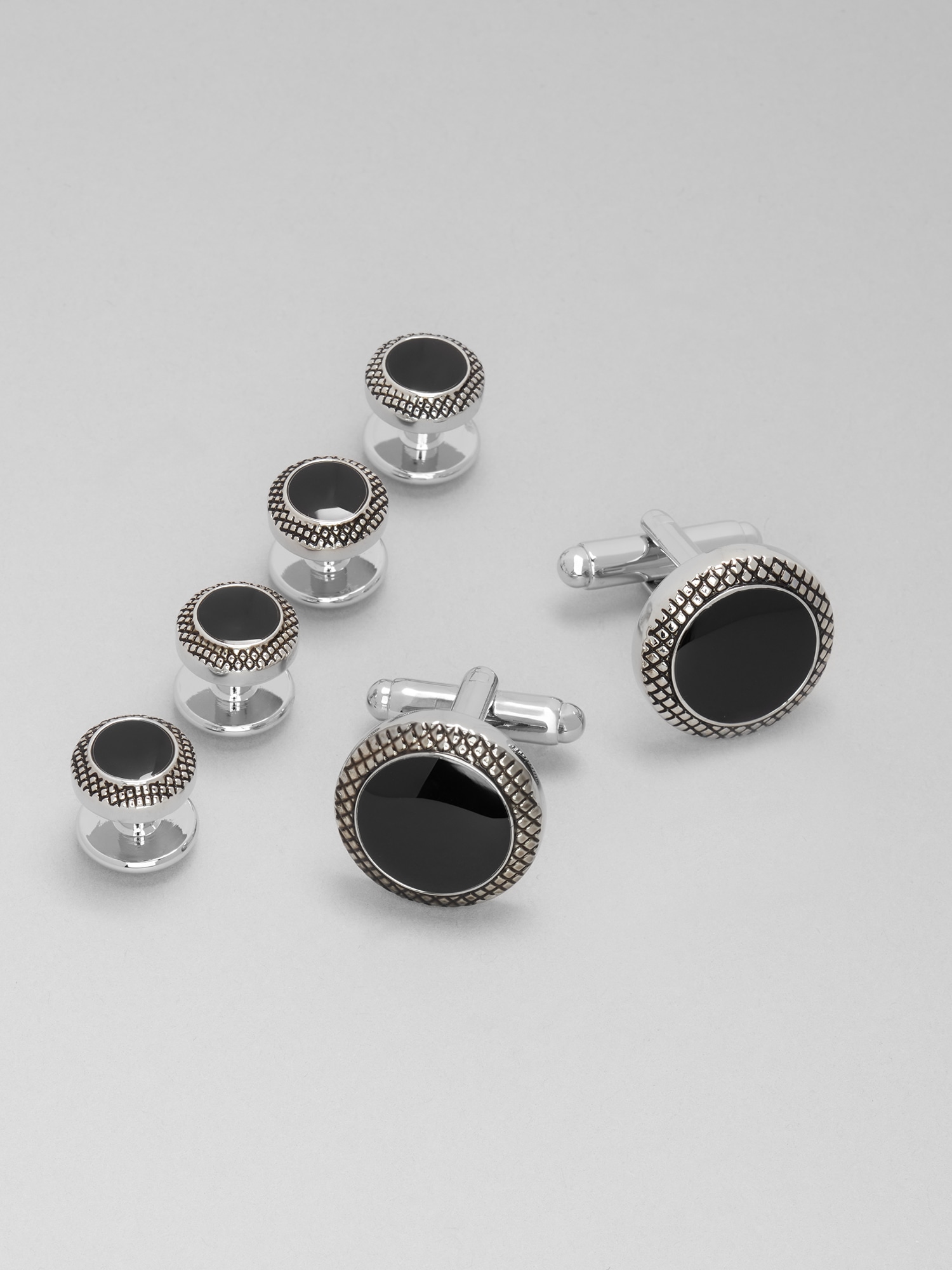 Round Black Obsidian Antique Border Cufflink & Stud Set