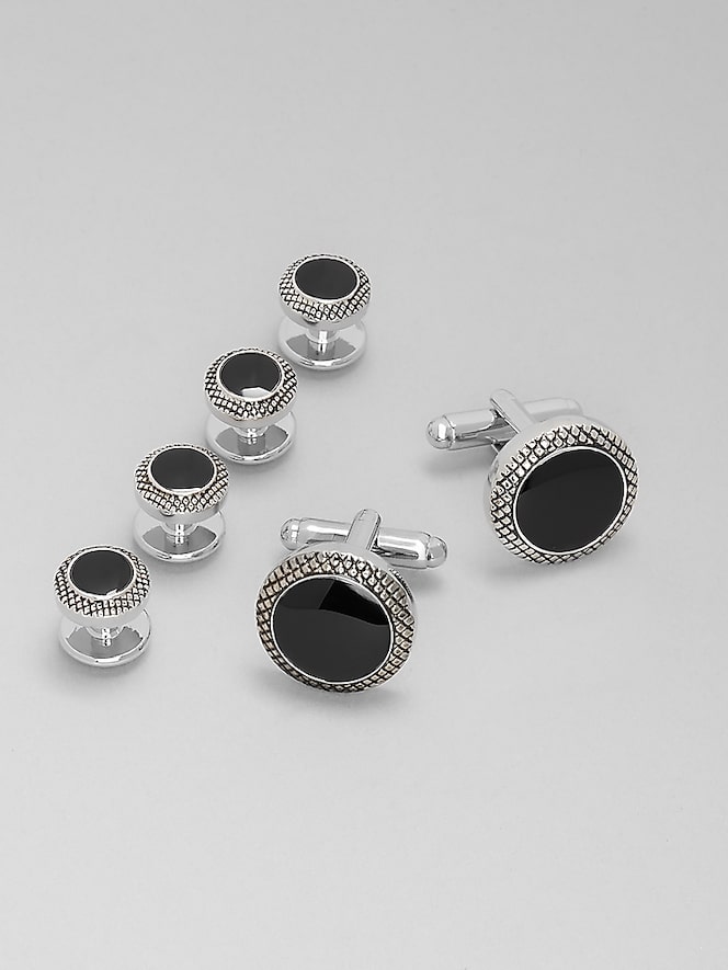 Pronto Uomo Round Black Obsidian Antique Border Cufflink & Stud Set