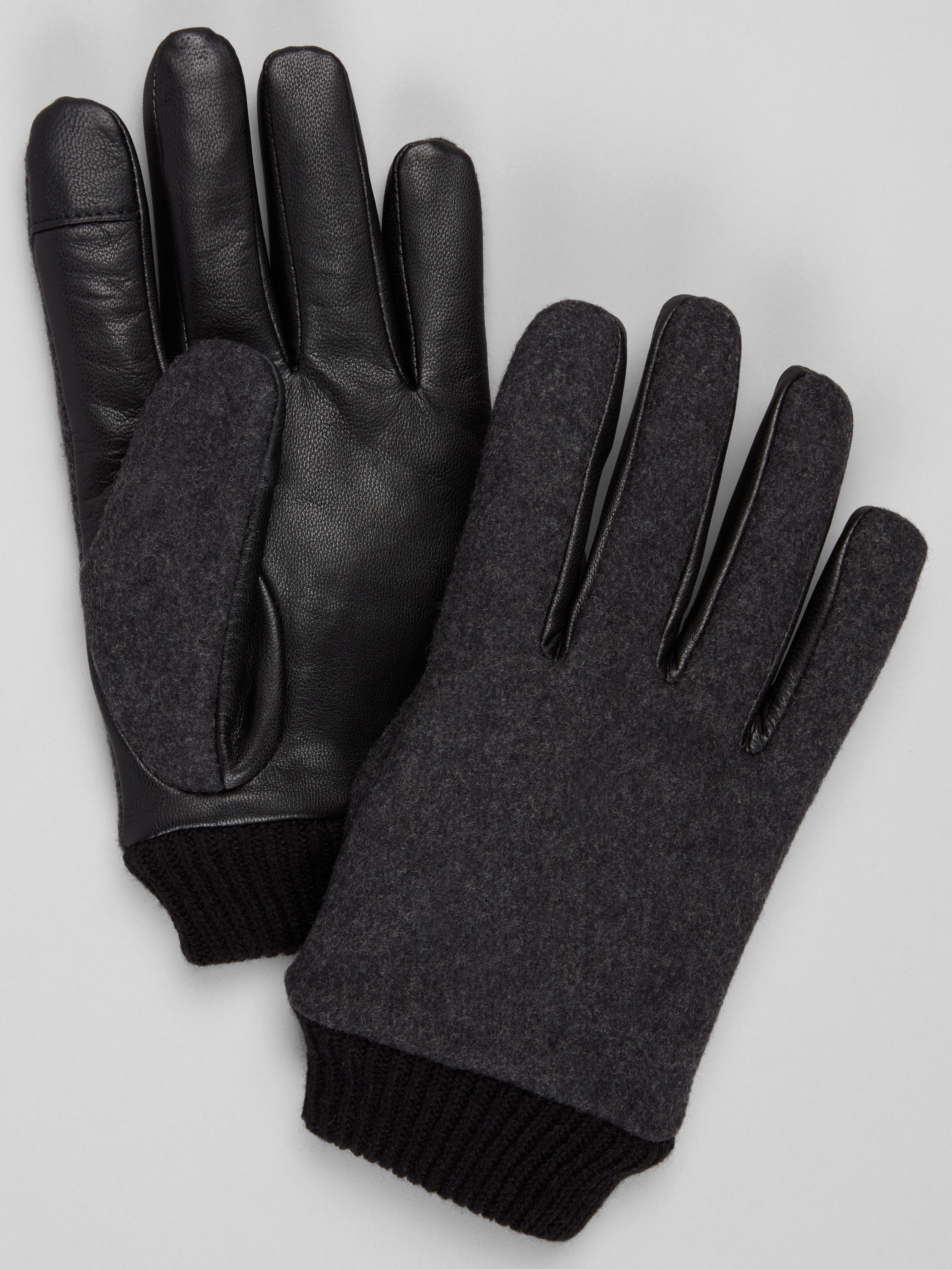 Joseph Abboud Leather & Wool Flannel Gloves, Black - Size: L