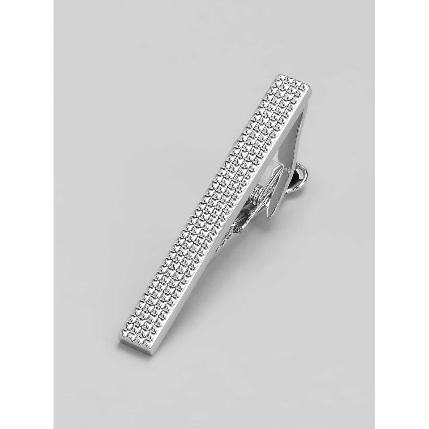 Pronto Uomo Pyramid Dot Tie Bar in Silver Metallic – Textured Men's Tie Clip, One Size