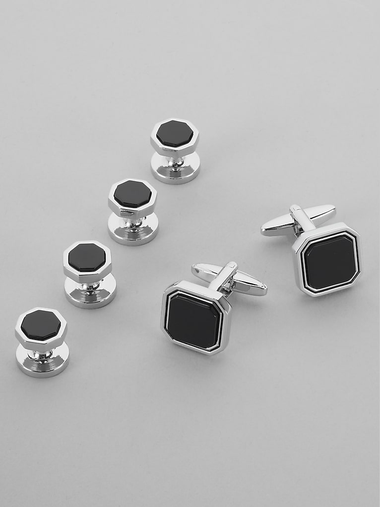Pronto Uomo Onyx Octagon Cufflink and Stud Set