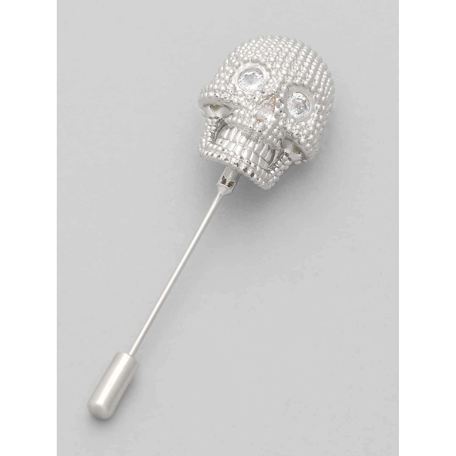Pronto Uomo Crystal Skull Lapel Pin in Silver – Men’s Silvertone Jacket and Blazer Accessory, One Size