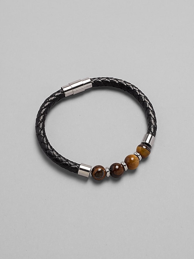 Pronto Uomo Tiger's Eye Bead Leather Bracelet