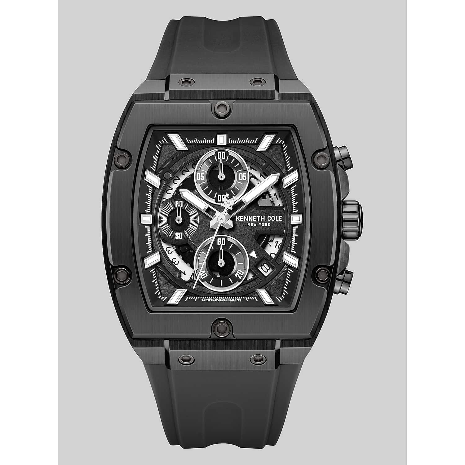 Kenneth Cole Men’s Chronograph Watch in Black – Silicone Strap, Skeleton Dial, Quartz Movement, One Size