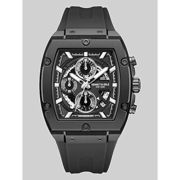 Kenneth Cole Men’s Chronograph Watch in Black – Silicone Strap, Skeleton Dial, Quartz Movement, One Size