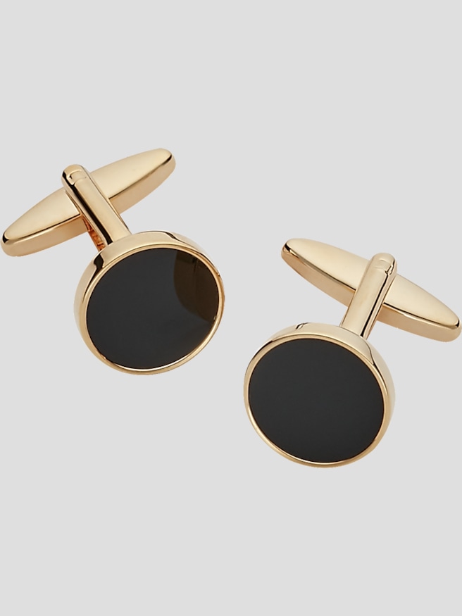 Pronto Uomo Men's Round Onyx Gold Cufflinks , Black