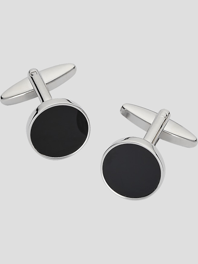 Pronto Uomo Men's Round Onyx Silver Cufflinks , Black/Silver