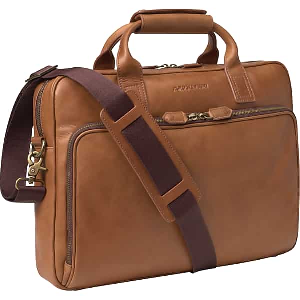 Johnston & Murphy Men's Leather Work Briefcase Laptop Bag Lt Brown - Size: One Size