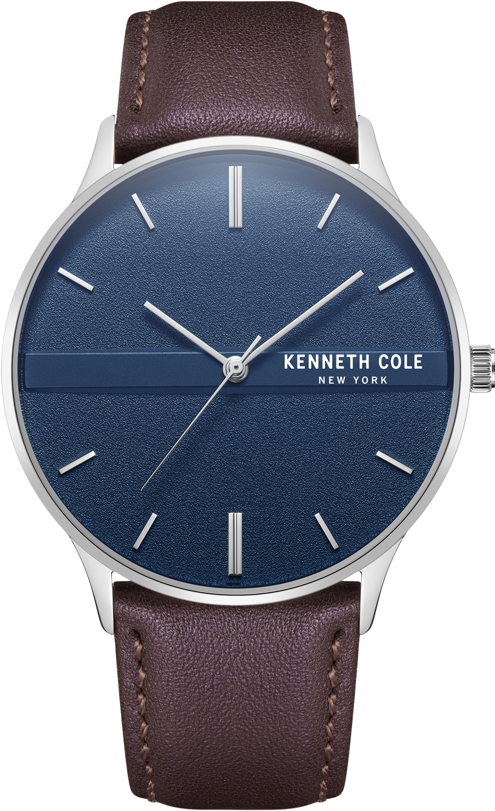 KC SILVER CASE BLUE DIAL LEATHER STRAP WATCH