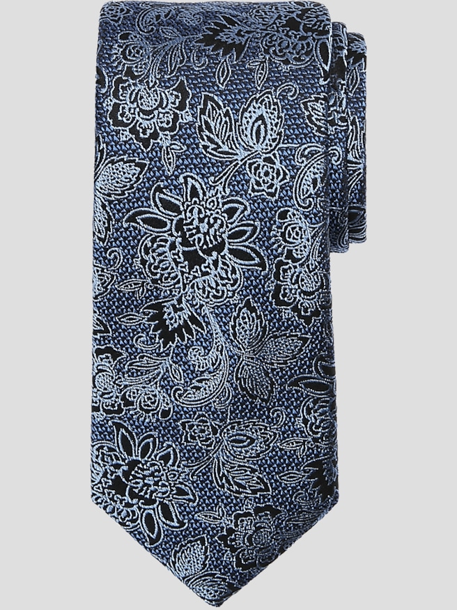 Pronto Uomo Men's Narrow Filetto Floral Silk Tie , Navy / Blue