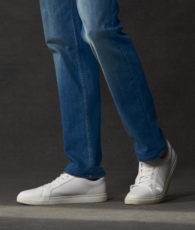 White sneakers with blue jeans. Select shoes 30 percent off.
