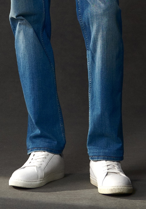 White sneakers with blue jeans. Online only shoes 30 percent off.