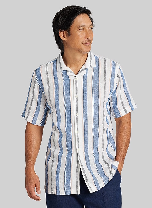 Man in a blue and white striped short-sleeve casual shirt. Clearance casual shirts.