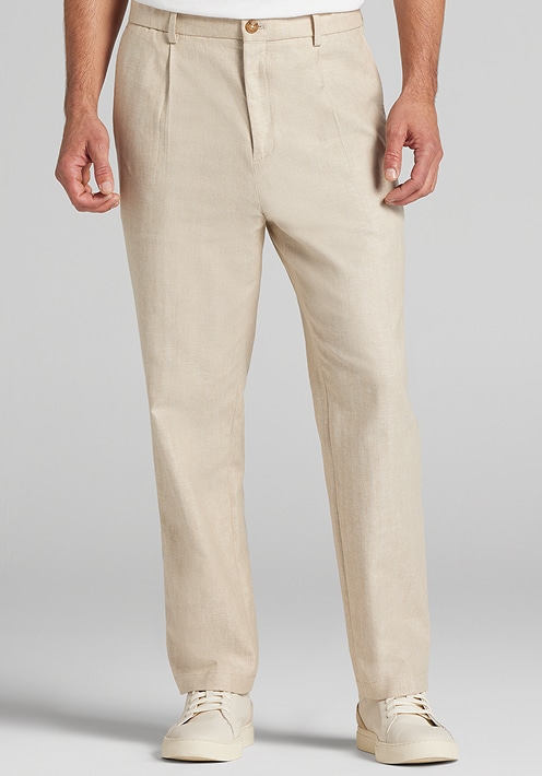 Beige linen pants with cream sneakers. Clearance pants and shorts.