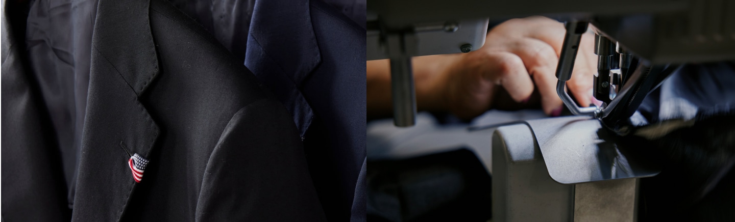 Made in USA suit lapel with American flag pin and industrial sewing machine stitching a garment.