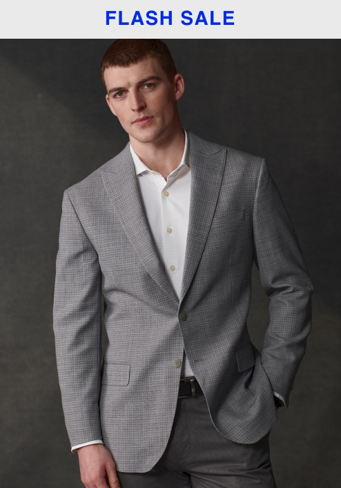 Flash sale. Man in a grey sport coat over a white dress shirt. Sport coats 30 percent off.