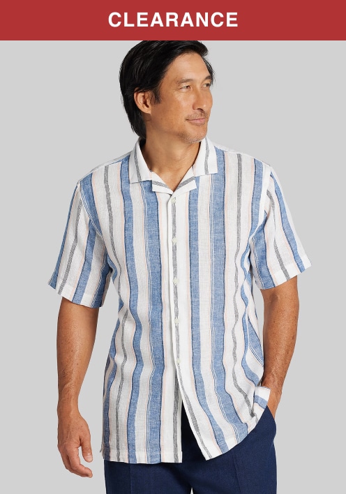 Clearance. Man in a blue and white striped short-sleeve casual shirt.