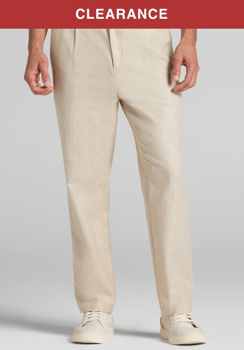 Clearance. Beige linen pants with cream sneakers.