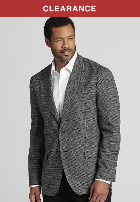 Clearance. Man in a grey plaid sport coat over a white dress shirt.