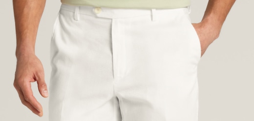 Man wearing white linen pants, waist and pocket detail