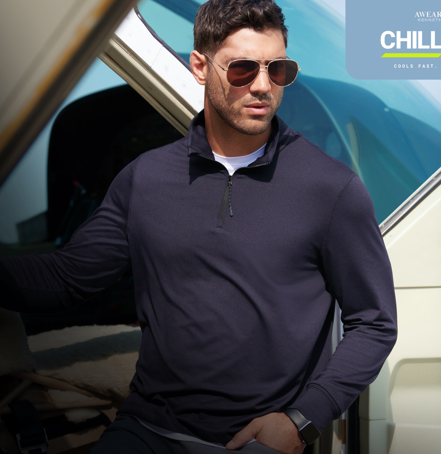Man wearing a Chillflex suit separates outfit
